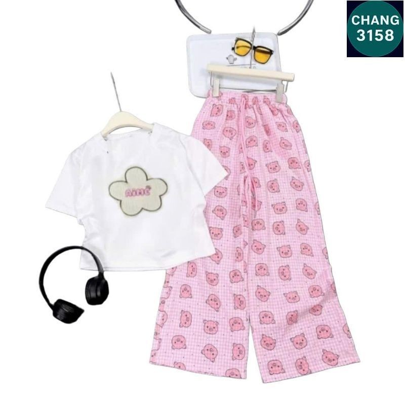 Sét Bộ Đồ Cho Bé Gái Size 30-55kg Quần Heo Hồng + Mix Áo form vừa CROPTOP thêu bông hoa-CHANG 3158