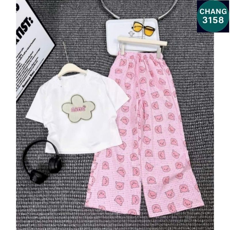 Sét Bộ Đồ Cho Bé Gái Size 30-55kg Quần Heo Hồng + Mix Áo form vừa CROPTOP thêu bông hoa-CHANG 3158