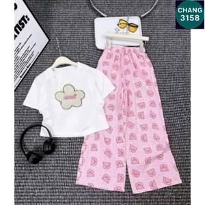 Sét Bộ Đồ Cho Bé Gái Size 30-55kg Quần Heo Hồng + Mix Áo form vừa CROPTOP thêu bông hoa-CHANG 3158