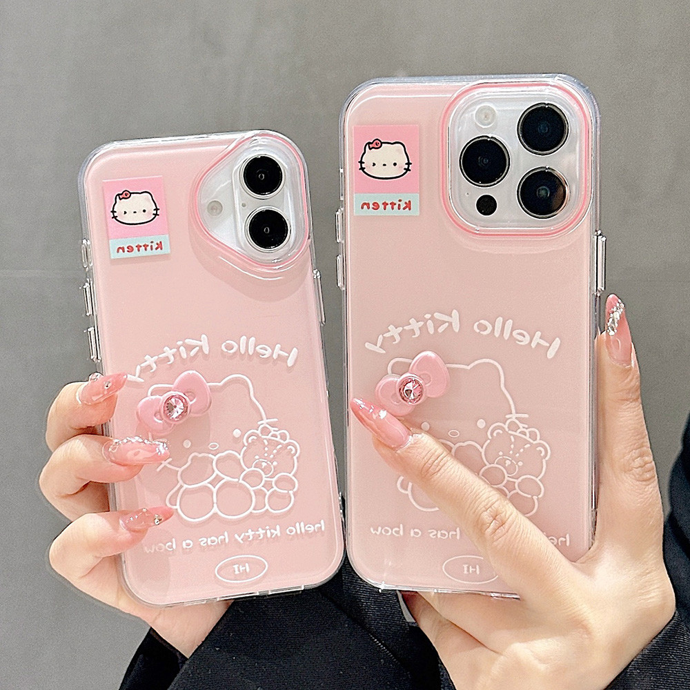 Ốp Điện Thoại Acrylic Nơ Màu Hồng Cat Cho iPhone 17 Pro Max 16 Plus 15 14 13 Pro Max Thạch Chống Sốc IMD Bảo Vệ Vỏ