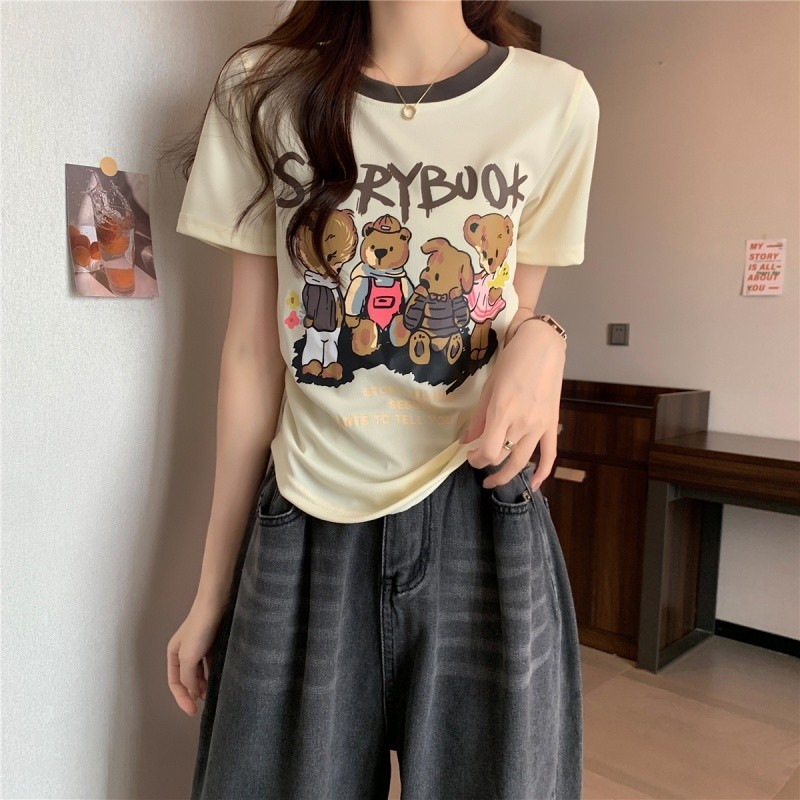 Áo thun hoạt hình mùa hè Phong cách mới Slim-fit Áo thun cổ tròn không đều