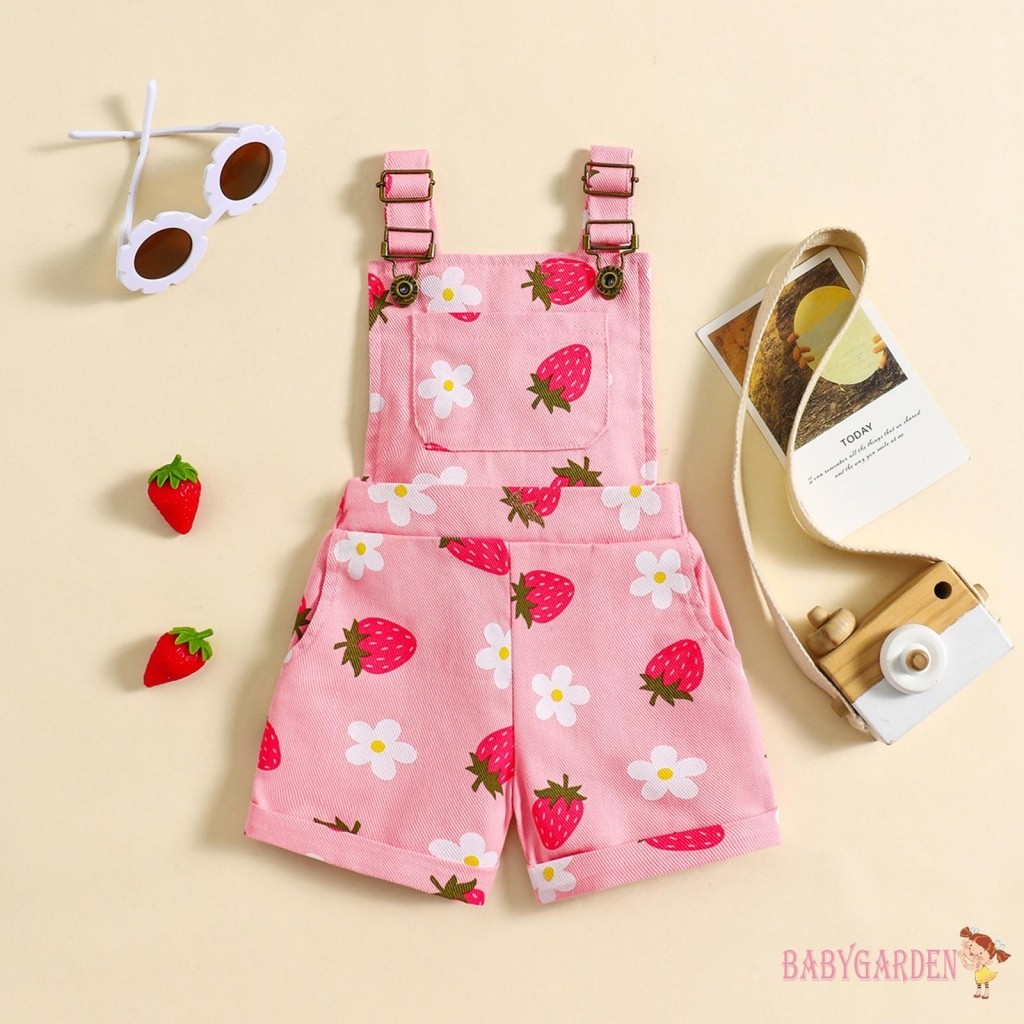 Baga-6m-6y Trẻ Em Bé Gái Denim Áo Liền Quần Hoa Không Tay / Dâu In Quần Short Suspender Cho Bé