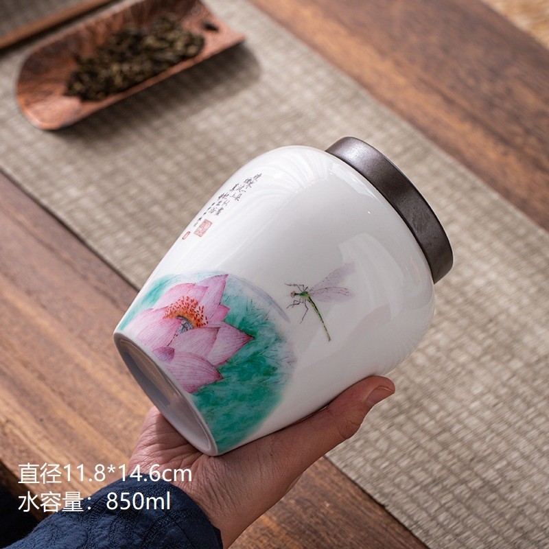 Hũ, Bình Đựng Trà Bằng Sứ Trắng Men Ngọc Cảnh Đức Trấn Họa Tiết Đẹp Mắt