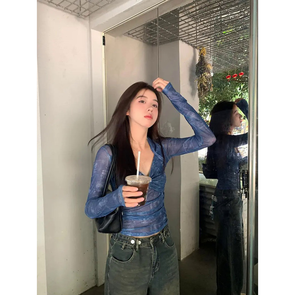 Milyfashion Áo Thun Tay Dài Chống Nắng Mỏng Cổ Chữ v Xuyên Thấu Ôm Dáng Mùa Hè Phong Cách Desire Cho Nữ