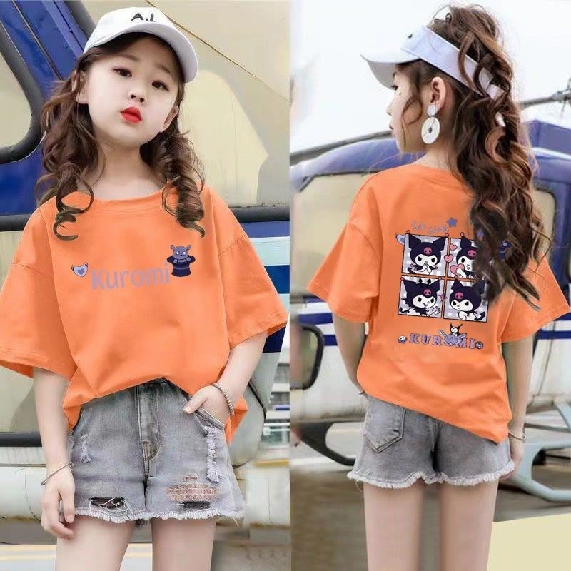 Mùa Hè Kuromi Họa Tiết Hoạt Hình Áo Thun Bé Gái Họa Tiết Áo Sơ Mi Trẻ Em Hàng Ngày Tay Ngắn