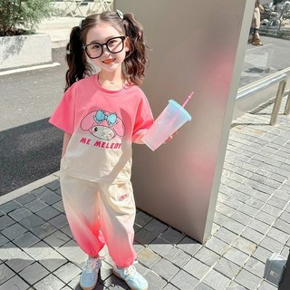 Trang phục phong cách Hàn Quốc mùa hè của bé gái Kuromi Melody 2024: Bộ áo ngắn tay và quần thường ngày có khóa màu hợp thời trang