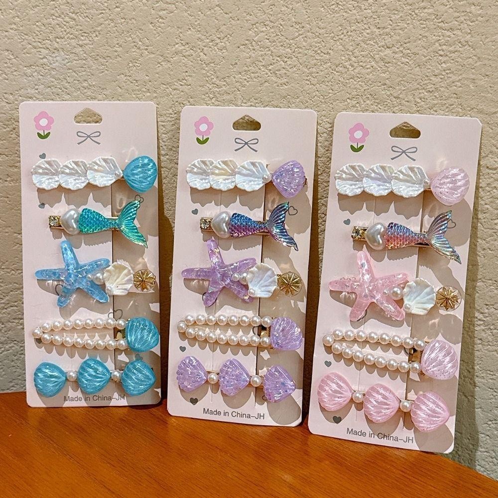 EBINLANDS 5 Chiếc Kẹp Tóc Nàng Tiên Cá, Mũ Đội Đầu Ngọc Trai Vỏ Sao Biển Kẹp Tóc, Phụ Kiện Công Chúa Đại Dương Series Bang Kẹp Bãi Biển