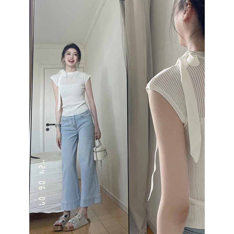 Suxi Retro Mùa Hè Mới Tối Giản Slim Fit Nơ Cổ Tròn Tay Ngắn Dệt Kim Áo Thun Nữ Top 240627