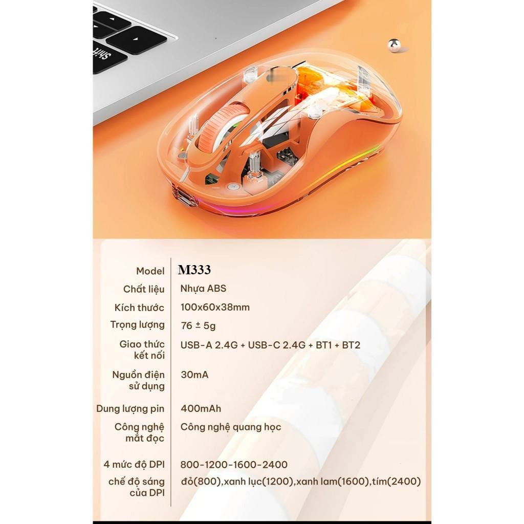 Chuột bluetooth M333 slient trong suốt Kết nối Bluetooth/USB/TypeC Độ Nhạy DPI 2400DPI mẫu mới 2025