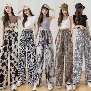Quần ống rộng lụa băng nữ mùa hè mỏng lụa băng in mực tie-dye quần dáng rộng thường ngày lau quần xu hướng