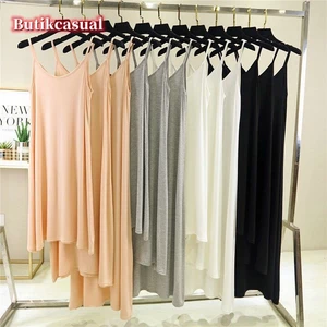 Phụ Nữ Modal Váy Không Tay Mỏng Trơn Thoải Mái Thường Ngày Loungewear Mùa Hè 2025 Cổ Tròn Dài Đầm Size Lớn Vừa Đầm