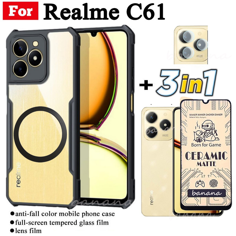 Ốp điện thoại chống sốc 3 trong 1 Realme C61 có nhãn dán sạc không dây từ tính cho Realme C75 C63 Note 60 60X Kính cường lực bảo vệ toàn diện + Phim ống kính
