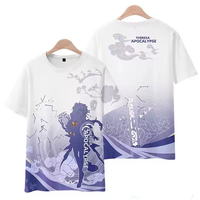 Áo thun cosplay Theresa Apocalypse từ Honkai Impact 3, vải full graphic, phù hợp mùa hè