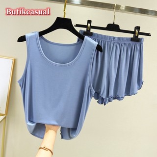 Phụ Nữ Xe Tăng Quần Bộ Đồ Ngủ 2 Bộ Mùa Hè Mỏng Trơn Rời Phù Hợp Với Kích Thước Lớn