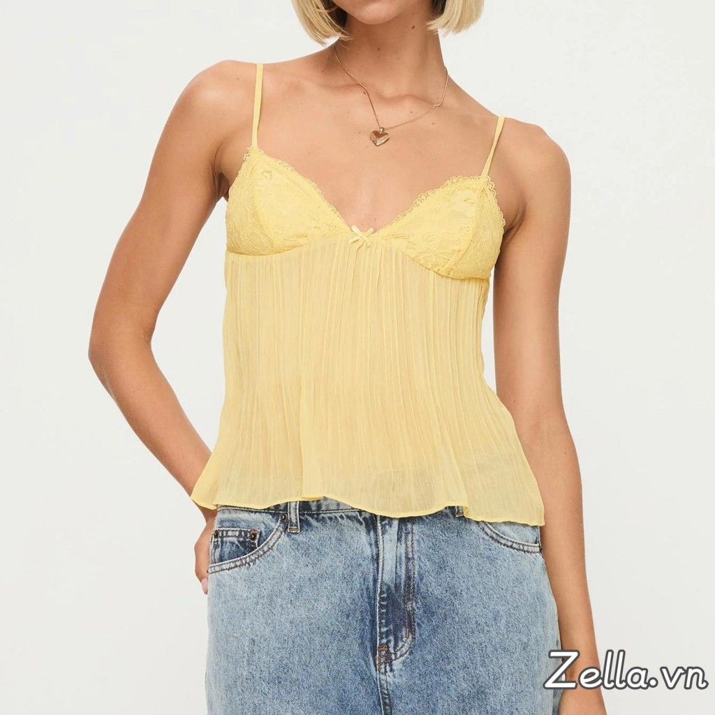 Nữ Xếp Ly Camisole Mini Nơ Phía Trước Spaghetti Dây Đeo Cổ Chữ V Ren Tank Tops