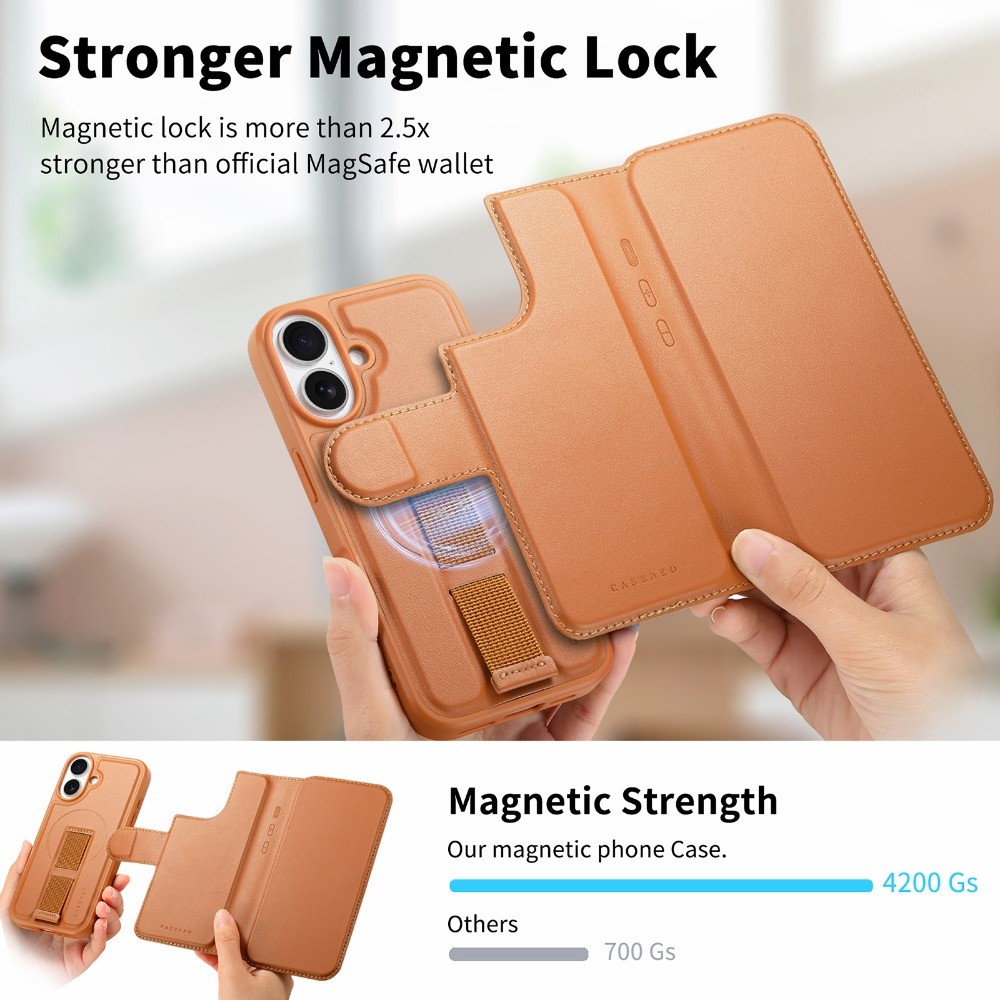 Ví từ tính có thể tháo rời 2 trong 1 có giá đỡ thẻ cho IPhone 16 15 14 Plus 13 12 Pro Max Dây đeo cổ tay bằng da lật Vỏ bảo vệ chống sốc