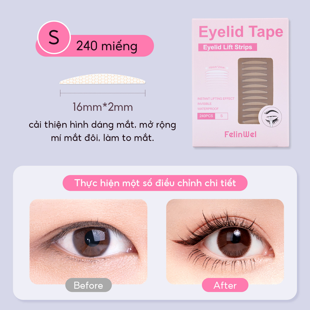 FelinWel - Miếng Dán Mí Vô Hình Không Thấm Nước Lâu Trôi, Dành Cho Mắt Sụp Mí, Tự Dính, Có 2 Loại, Kèm Dụng Cụ