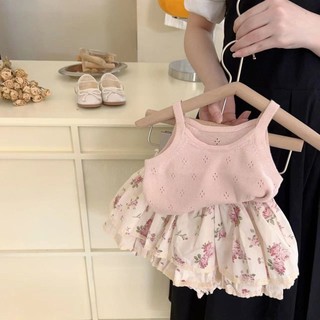 Trang phục mùa hè cho bé gái 2025, bộ hai món thời trang mới với quần short hoa có dây cho bé gái