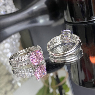 Châu Âu Mỹ ins Phong Cách Mới Hình Chữ Nhật Nhấp Nháy Kim Cương Hồng Mở Nhẫn Nữ