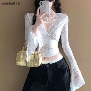 Meisha888 Nữ Gợi Cảm Cổ Chữ V Tay Áo Sơ Mi Ren Pure Desire Rỗng Mỏng Đẹp Crop Top