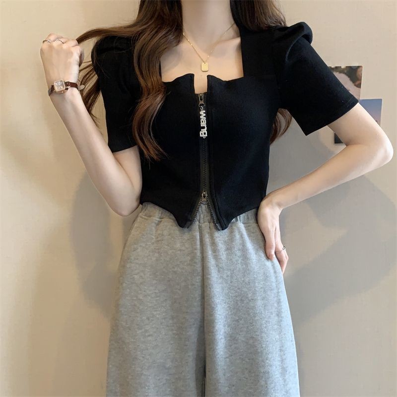 Áo thun dệt kim K Mùa hè Phong cách mới Cổ vuông Dây kéo Áo thun Slim-fit