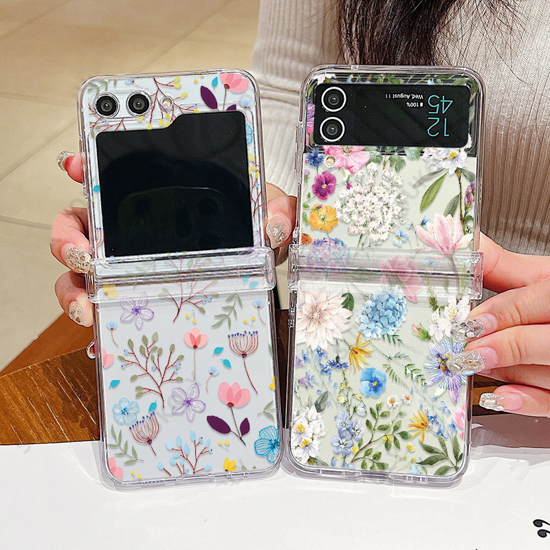 Vỏ Sang Trọng Cho Samsung Galaxy Z Flip 5 Flip 4 Flip3 Full Bản Lề Hoa Trong Suốt Gấp PC Vỏ Điện Thoại Cho Samsung Galaxy Z Flip 5 4 3 Ốp Lưng Cứng Chống Sốc