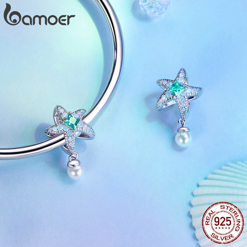 Bamoer 925 Sterling Sliver Charm WhaleStarfish Dreamy Shell Thiết Kế Mặt Dây Chuyền Xanh Dương Phụ Kiện Cho Vòng Tay Quà Tặng Cho Nữ Bé Gái