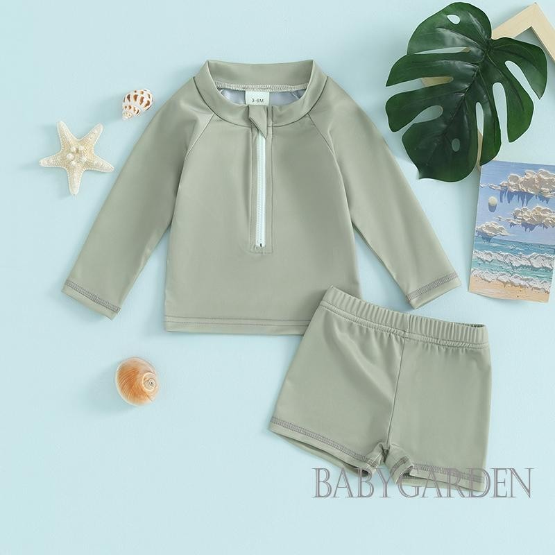 Baga-6tháng-5 tuổi Bộ đồ bơi 2 mảnh cổ tròn Dây kéo phía trước Áo bơi Rashguard dài tay + Quần short Bộ đồ tắm cho trẻ sơ sinh