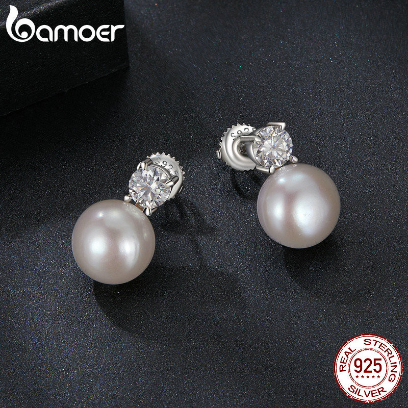 Bamoer 925 Sterling Sliver Bông Tai Moissanite Ngọc Trai Tự Nhiên Trang Sức Quà Tặng Cho Nữ