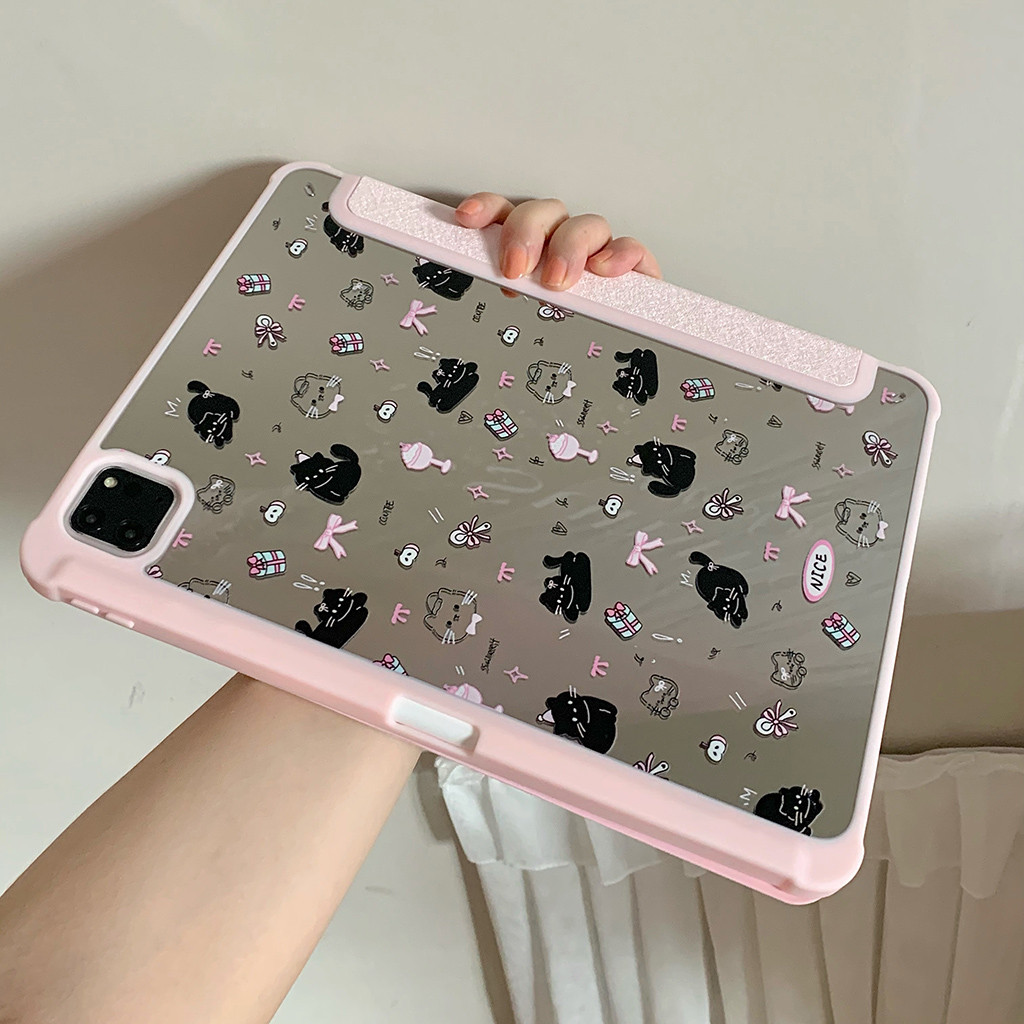 Vỏ Gương Acrylic Cho IPad Mini6 5 6 7 8 9 Air Air2 Air3 Air4 Air5 Air6 10.9 "Pro10.5 Pro11 Pro12,9 2018 2020 2021 2022 Air M2 Pro 11 13 M4 2024 Ba Vỏ Da Mèo Con Màu Đen