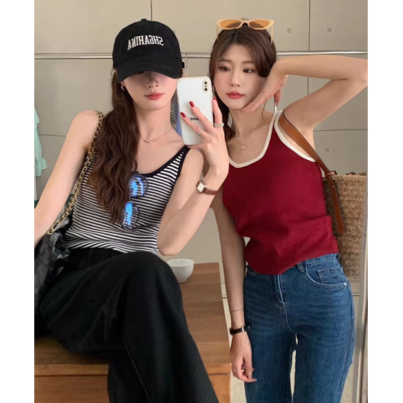 Suxi Retro Tương Phản Sọc Mỏng Fit Dệt Kim Treo Xe Tăng Top Nữ Áo Ngắn 240617
