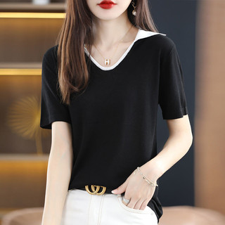 Ice Silk polo Cổ Áo Thun Tay Ngắn Nữ Mùa Hè Mỏng Dệt Kim Phong Cách Mới Ve Áo Ngắn Top Rời Áo Thun