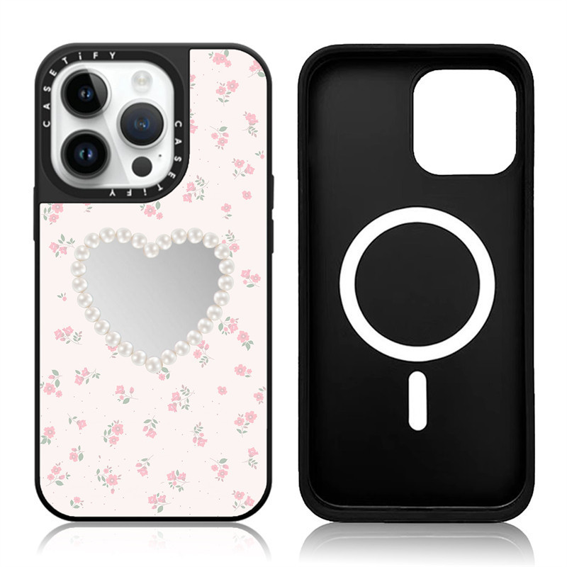 Casetify X Ngọc Trai Trái Tim Hút Từ Tính Đen & Bạc Gương IPhone IPhone 16 15 14 13 12 Pro Max Plus Ốp điện thoại Cứng Có Hộp Khắc logo