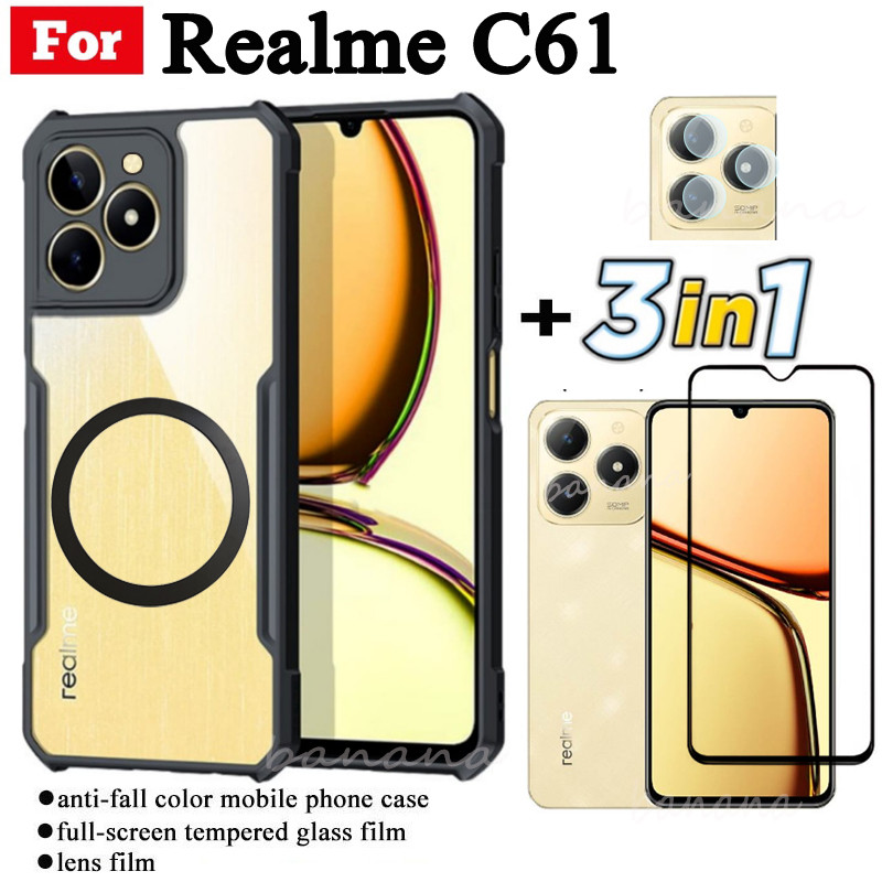 Ốp điện thoại chống sốc 3 trong 1 Realme C61 có nhãn dán sạc không dây từ tính cho Realme C75 C63 Note 60 60X Kính cường lực bảo vệ toàn diện + Phim ống kính