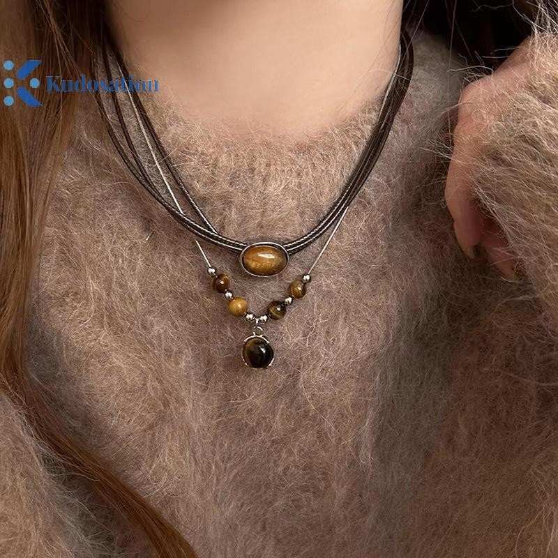 Kudosation Vintage Da Nâu Đá Mặt Dây Chuyền Vòng Cổ Xếp Chồng Choker Tính Khí Xương Đòn Dây Chuyền Dành Cho Nữ Cô Gái Mùa Thu Đông Vòng Cổ