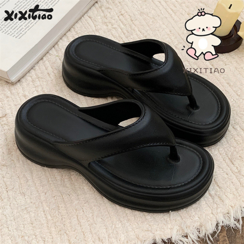 Xixitiao Flip-Flops Nữ Mặc Ngoài Đi Biển Kỳ Nghỉ Người Màu Trơn Phong Cách Đơn Giản Tăng Gót Chân Lật