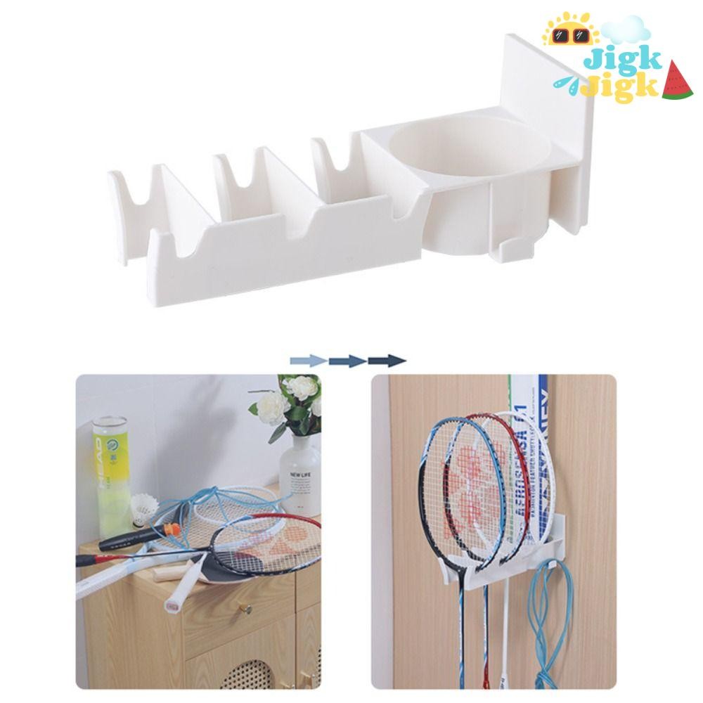 Giá đỡ vợt cầu lông JIGK, có hộp đựng bóng Móc treo vợt Tennis 3 khe, Giá treo tường miễn phí đục lỗ Quần vợt