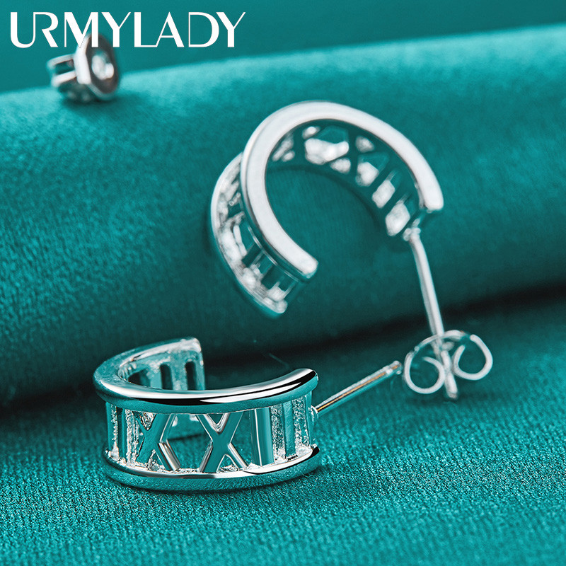URMYLADY Bạc 925 Hình Bán Nguyệt La Mã Số Bông Tai Dành Cho Nữ Thời Trang Charm Stud Trang Sức