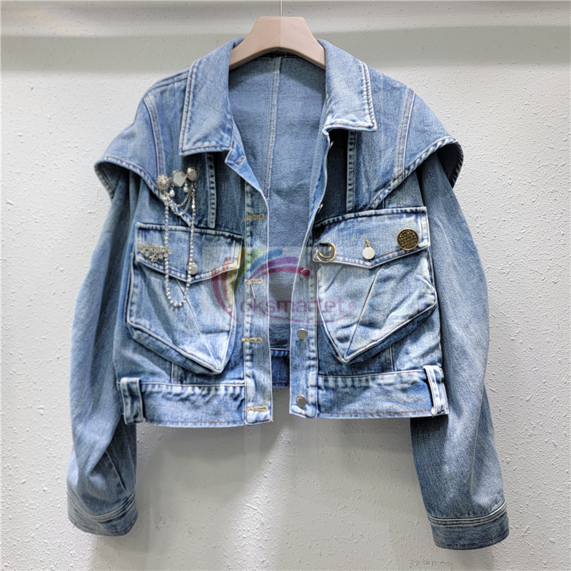 Áo khoác Denim mới đẹp trai Dụng cụ ba chiều Thiết kế bỏ túi Áo khoác Denim ngắn