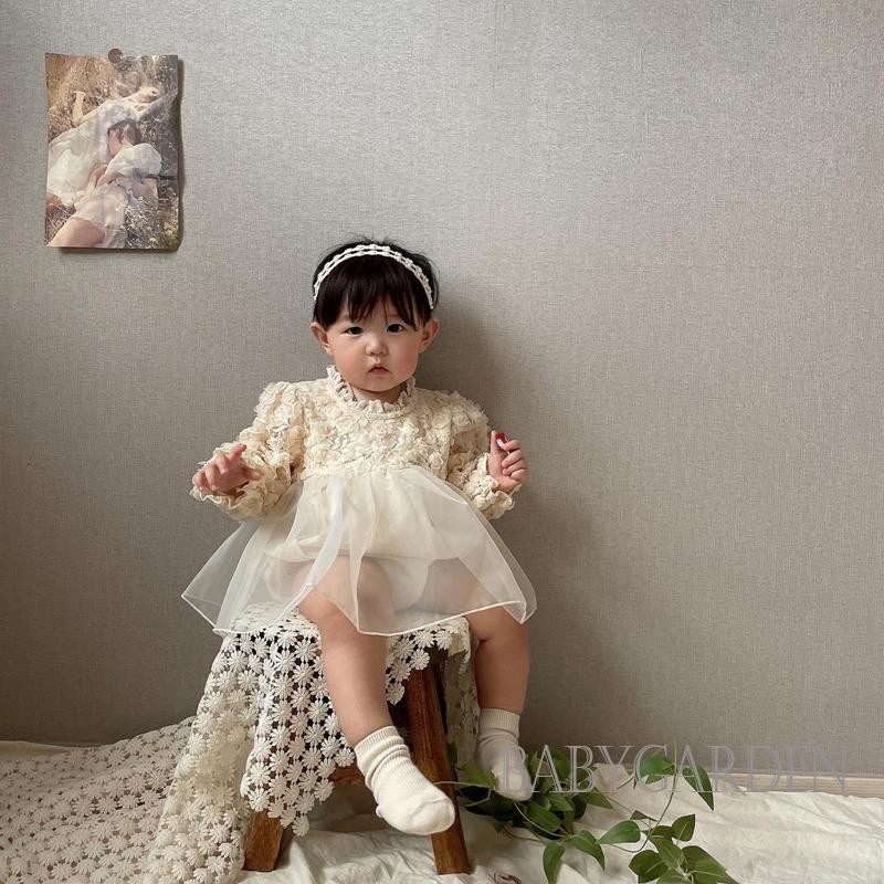Baga-baby Bé Gái Mùa Thu Áo Liền Quần Dài Tay Ren Hoa Tulle Chắp Vá Công Chúa Trẻ Sơ Sinh Romper Có Băng Đô