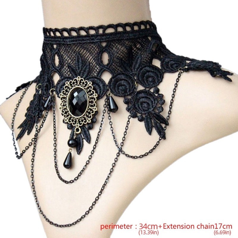 Dasbsug Gothic Pha Lê Đen Ren Cổ Choker Hip Hop Cổ Vòng Cổ Xương Đòn Dây Chuyền