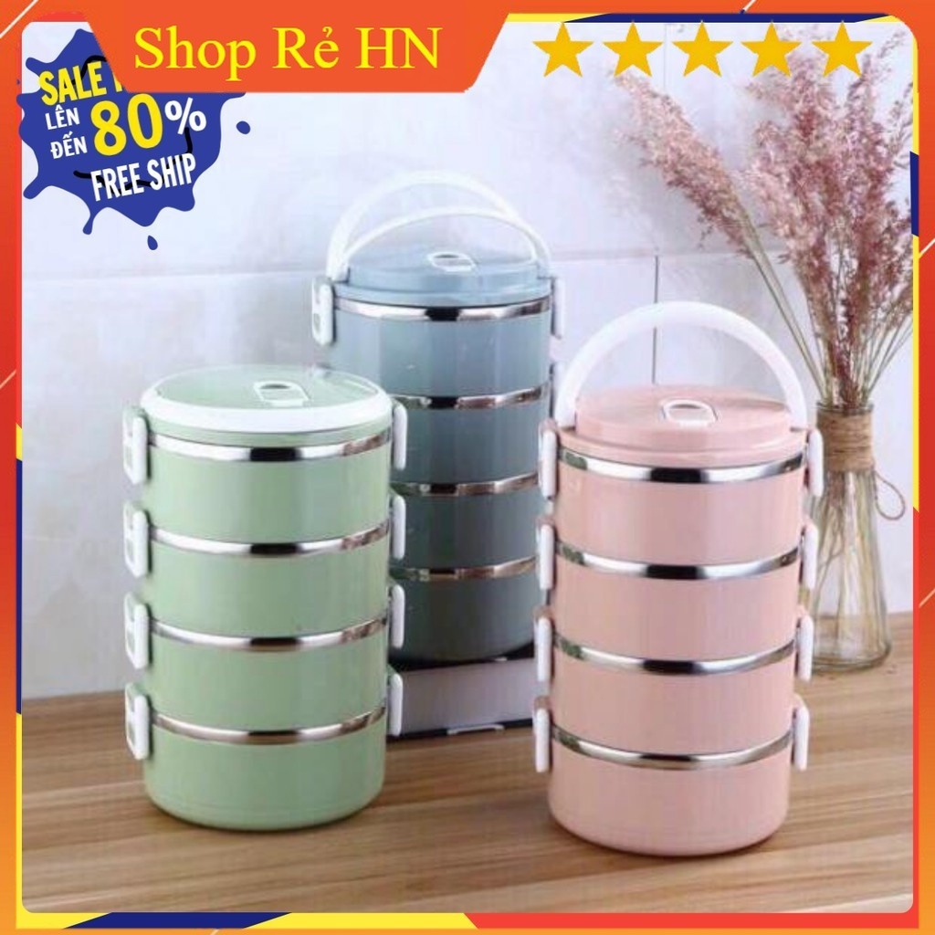 Hộp đựng cơm cặp lồng, hộp cơm giữ nhiệt lúa mạch . ruột INOX 4 tầng , có quai sách tiện lợi