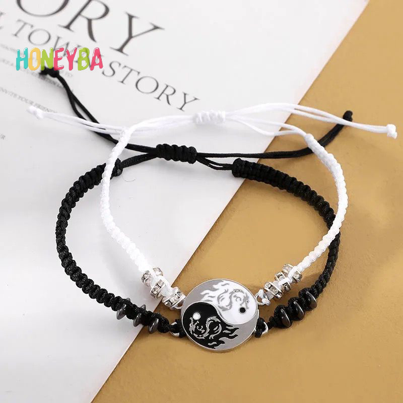 < Honeyba > Vòng tay có thể điều chỉnh hình rồng thời trang Âm Dương Vòng cổ cặp đôi Thái Cực dành cho bạn trai Bạn gái Quà tặng trang sức ngày của Valene