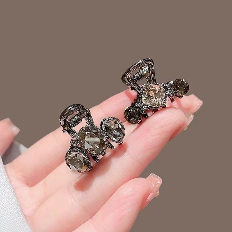 Mauropoli [Sẵn sàng] Kẹp kẹp pha lê màu đen tinh tế Kích thước nhỏ Cảm giác cao cấp Tóc gãy Nổ Kẹp bên Kẹp tóc Kẹp tóc Đầu sau Kẹp tóc Nữ