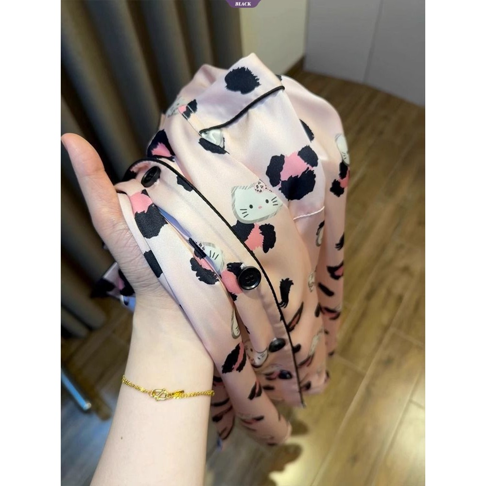 Phiên bản Hàn Quốc của Bộ đồ ngủ phong cách Ins Áo len Cardigan nữ dài tay Phim hoạt hình KT Casual Sweet Homewear Bộ hai mảnh [BL]