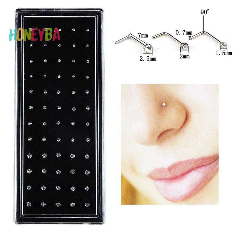 < Honeyba > 60 Cái / bộ Thép không gỉ CZ Pha Lê Hình Chữ L Mũi Mũi Mũi Cơ Thể Khuyên