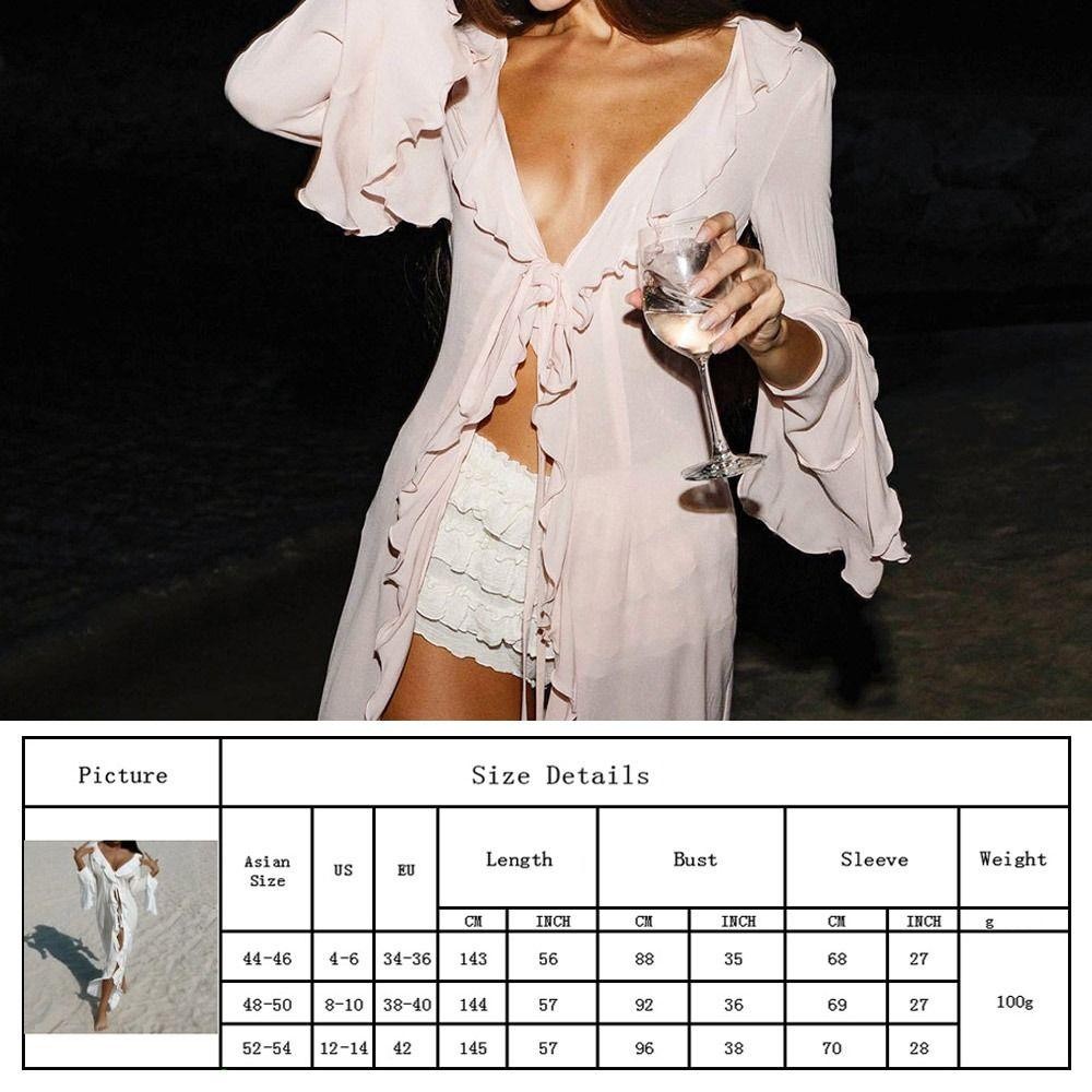 Pwssend Đi Biển Mùa Hè Che, Đầm Đi Biển Xù Cổ Chữ V, Thời Trang Dài Tay Kỳ Nghỉ Rời Bikini Chống Nắng Smock Cho Nữ