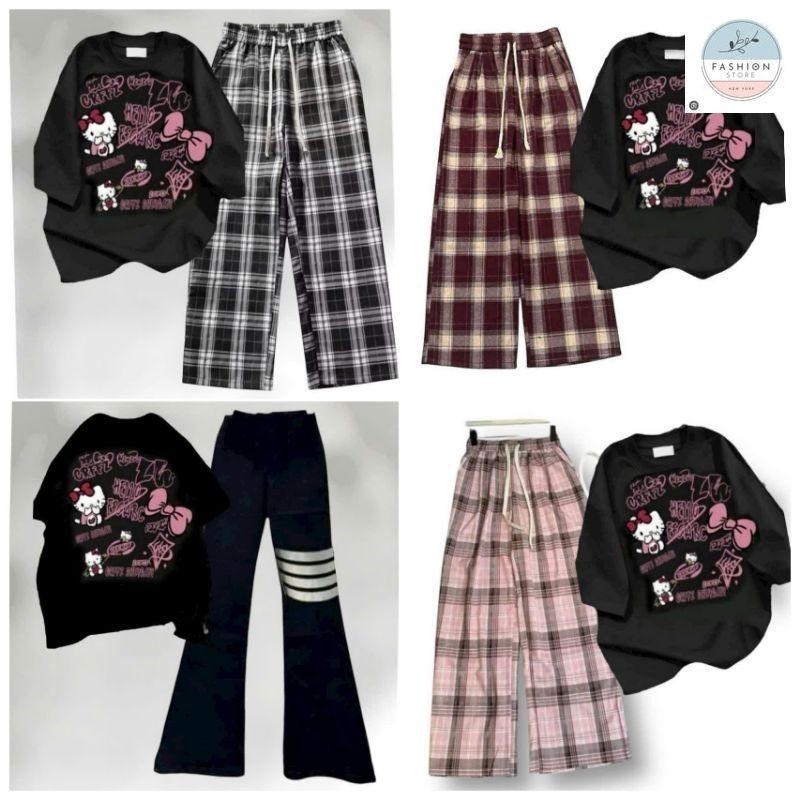 Tổng Hợp Các Sét Quần Ống Rộng + Mix Áo Phông Hình Mèo HÊ LÔ KÍT TI form rộng - Hình Mèo Màu ĐEN-Quần áo 94