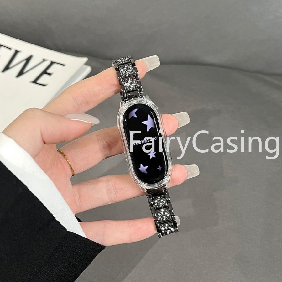 Dây đeo cổ tay 12mm cho Xiaomi Mi Band 10 9 8 7 6 5 4 3 NFC Watchband có vỏ kim loại Vòng đeo tay bằng thép không gỉ kim cương lấp lánh sang trọng cho Miband 8 ban nhạc