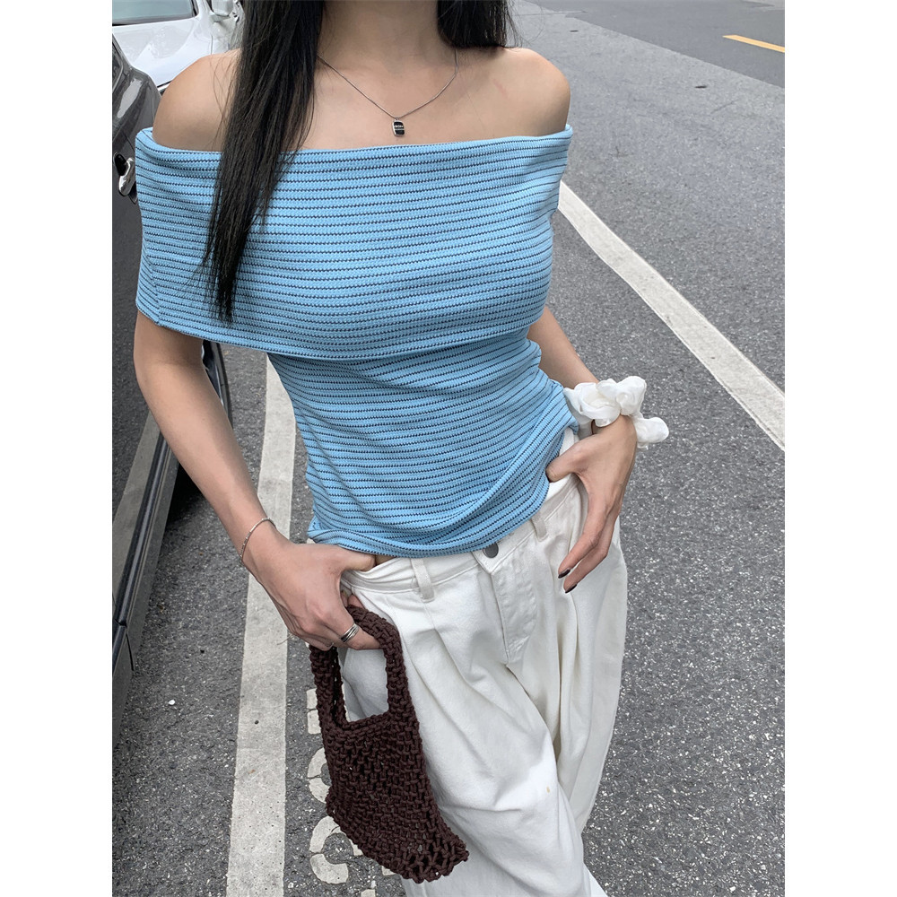 Suxi Gợi Cảm Tắt Vai Thời Trang Crop Top Đơn Giản Retro Sọc Áo Thun Nữ Tay Ngắn 240416